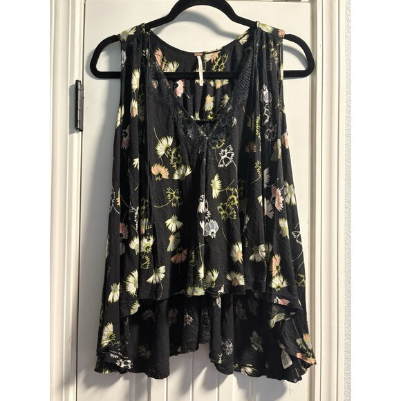 Free People Love Potion Tank Womens Small Black Floral Sleeveless Split Back - Picture 1 of 5